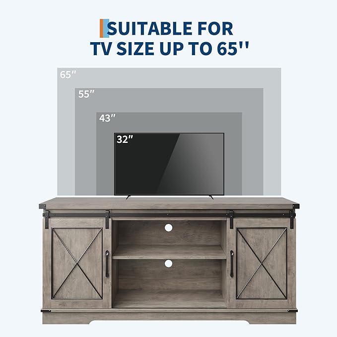 CABIHOME Farmhouse TV Stand and Entertainment Center for TV Up to 65 Inches with Sliding Barn Doors and Adjustable Shelf, TV Media Storage Console Table and Furniture for Living Room, Bedroom, Grey