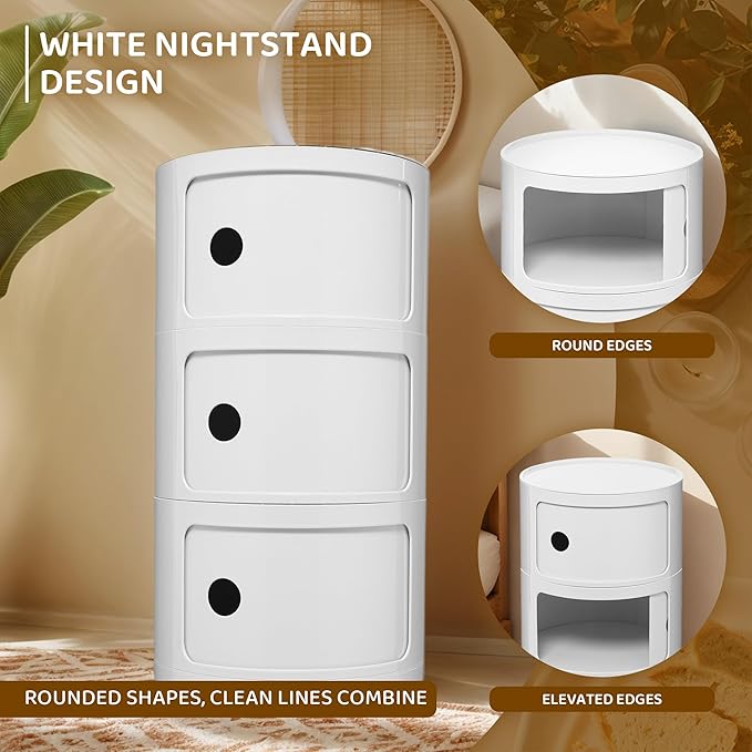 3 Tier Round with Storage, Modern Style Side Table, Multifunctional End Table Storage Cabinet for Living Room, Bedroom, Bathroom (White)