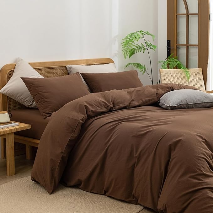 BESTOUCH Duvet Cover Set 100% Washed Cotton Linen Feel Super Soft Comfortable Chic Lightweight 3 PCs Home Bedding Set Solid Cocoa Brown Super Queen