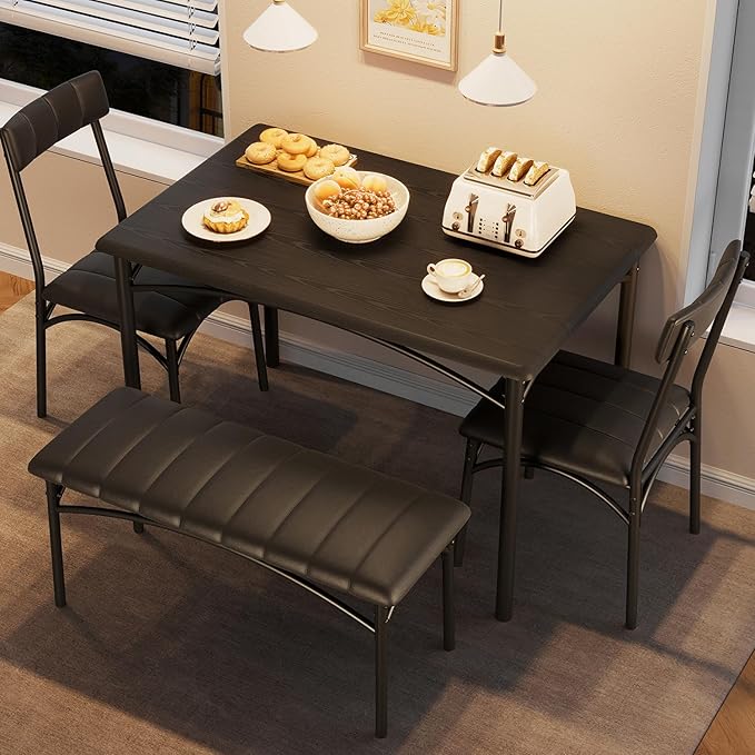 GAOMON Dining Table Set for 4 with Upholstered Bench and 2 Chairs, Rectangular Dining Room Table Set for 4 for Small Space, Apartment, Dinner, Rustic Black