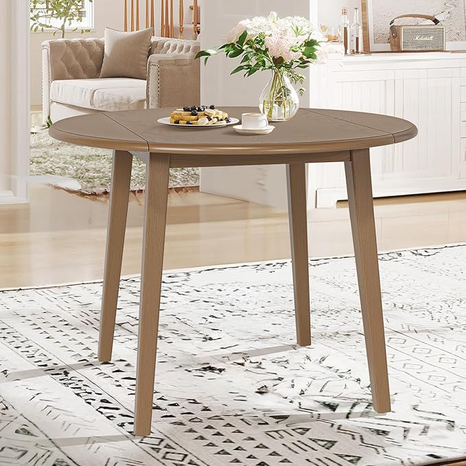 COLAMY 3-Piece Extendable Dining Table Set for 2, 36" Kitchen Round Wood Table with 2 Nailhead Dining Room Chairs,Light Brown/White&Grey Flower