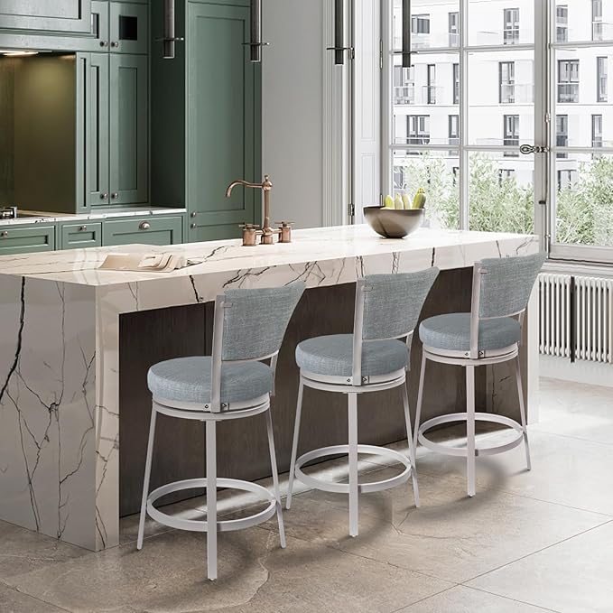 Bar Stools Set of 2, 25 Inch Metal Counter Height Bar Chairs, Modern Linen Fabric 360° Round Swivel Barstools with Back, Counter Stools for Kitchen Island, Pub, Grey & White