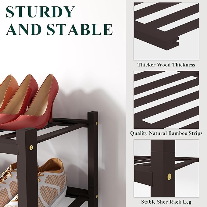 Smiry Shoe Rack, 2 Tier Long Bamboo Shoe Organizer, Stackable Free Standing Wooden Shoe Storage Shelf for Closet, Entryway, Front Door Entrance, Brown