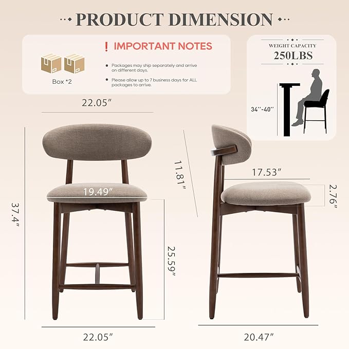 COLAMY Counter Height Bar Stools Set of 4, Kitchen Bar Stools with Back, Mid Century Modern Upholstered, with Wood Legs for Kitchen Island Dining Room, Camel