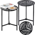 2 Packs 13" Metal Outdoor Side Tables Small Black Outside End Table for Patio Round Accent Corner Stand for Small Spaces Weather-Resistant Coffee Table for Balcony Porch Plant Stand, Palm Leaf