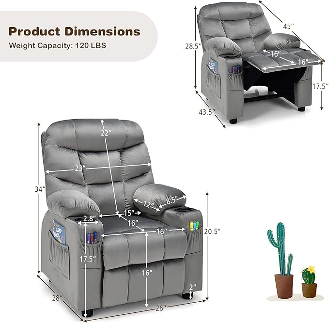 Costzon Kids Recliner Chair with Cup Holder, Adjustable Velvet Lounge Chair w/Footrest & Side Pockets for Children Boys Girls Room, Ergonomic Toddler Furniture Sofa Gifts, Kids Recliner (Gray)