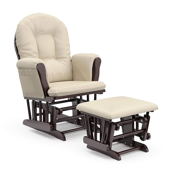 Storkcraft Premium Hoop Glider & Ottoman (Espresso with Beige) — GREENGUARD Gold Certified, Solid Wood Craftsmanship, Convenient Storage Pockets, Smooth-Gliding Chair for Nursery, Multi-Award-Winning