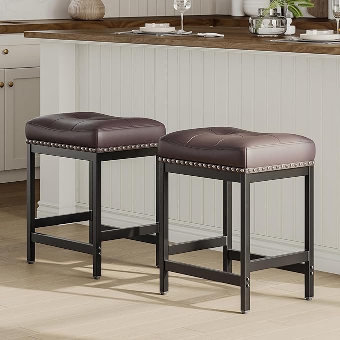 MALOL Set of 6 Saddle Bar Stools Counter Height 24.4”, Backless Barstools for Kitchen Island, Modern PU Leather Cushioned Seat, Bar Chairs for Kitchen Counter, Breakfast Bar Stools for Home,Brown