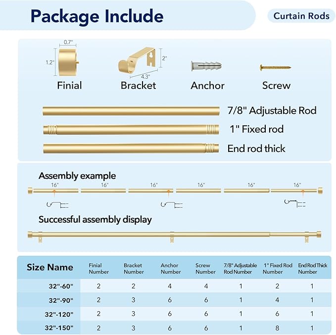 2 Pack Curtain Rods for Windows 28 to 48 Inch(2.3-4ft), 1 Inch Gold Curtain Rods Set, Adjustable Heavy Duty Curtain Rod for Patio Bedroom Living Room, Modern Drapery Rods, Size 32"- 60"