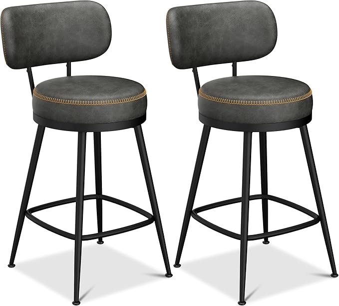 Counter Height Bar Stools, 26" H Swivel Barstools Set of 6, Faux Leather Kitchen Counter Stools with Back and Stylish Stitching, Metal Frame, Pub, Home Bar, Black Grey