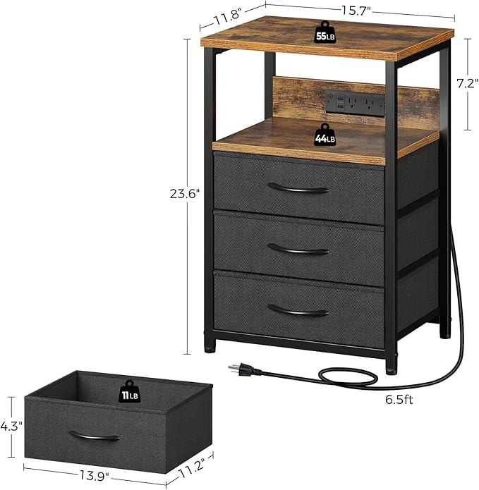 Seventable Nightstand with Charging Station and LED Light, Side Table with 3 Fabric Drawers, Bedside End Table with USB Ports and Outlets, Night Stand for Bedroom, Rustic Brown