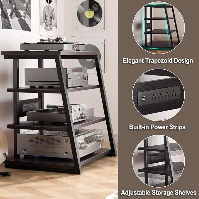 Armocity 4-Tier AV Media Stand with Power Strips, Stereo Stand with LED Lights, Rack Audio Tower with Adjustable Shelves, Small Entertainment Center, 30'', Black Ebony