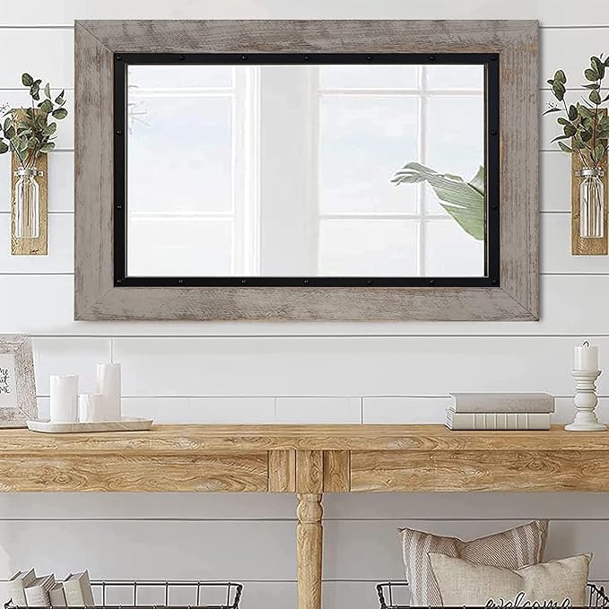 YOSHOOT Rustic Wooden Framed Wall Mirror, 40"x30", Natural Wood and Iron Bathroom Vanity Mirror for Farmhouse Decor, Vertical or Horizontal Hanging