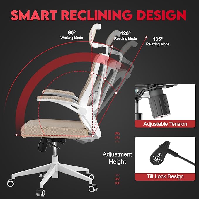Ergonomic Office Chair - 400LB Comfy Desk Chairs with Headrest and Back Support, Heavy Duty Mesh Computer Chair with Wheels and Arms for Home Office, Study, Bedroom and College Dorm (Beige)