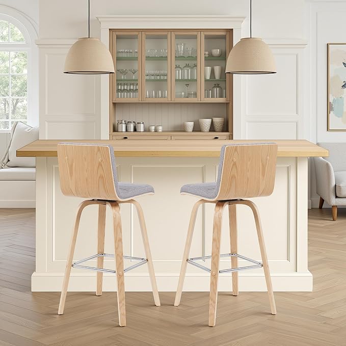 Vienna Modern Swivel Bar Height Stool with Grey Upholstered Seat and Patterned Oak Wood Frame Set of 2