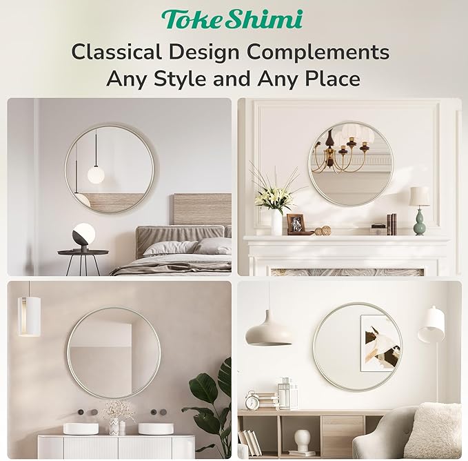 TokeShimi 18 in Round Brushed Nickel Mirror Bathroom, Shatterproof Bathroom Vanity Mirror Circle, 18x18 Silver Round Mirrored Farmhouse Aluminum for Entryway, Bedroom, Restroom, Vanity, Living Room
