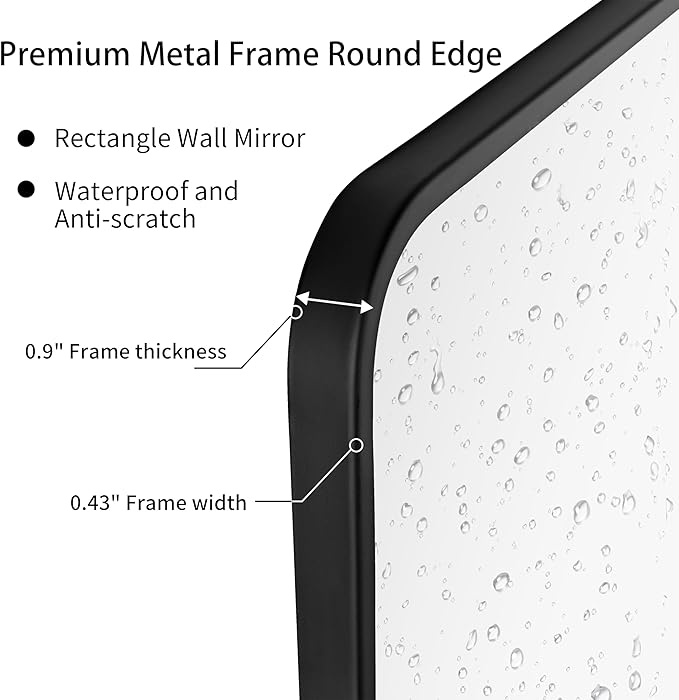 24"x32" Bathroom Wall Mirror with Matte Black Metal Frame & HD Glass, Copper-Free Mirrors Modern Rectangle Round Corner Framed Vanity Mirror - Horizontal or Vertical Installation