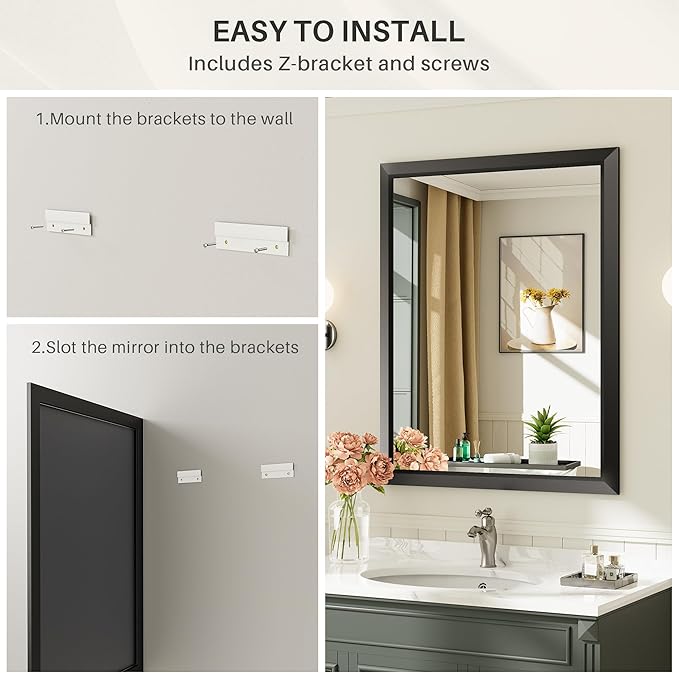 36x30 Inch Black Bathroom Mirror for Wall, Thick Metal Framed Rectangle Mirrors for Over Sink, Bedroom, Living Room, Entryway, Anti-Rust, HD Tempered Glass