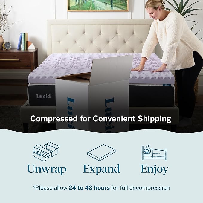 LUCID 3 Inch 5 Lavender Memory Foam Plush-Calming Targeted Convoluted Comfort Zones Mattress Topper, Queen
