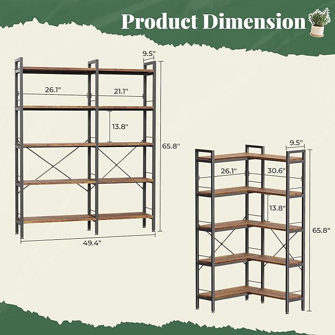 Huuger 5 Tier Bookshelf, L Shaped Corner Bookshelf with 10 Open Shelves, 49.4 Inch Straight Wide Bookcase with Metal Frame and Wooden Board, Adjustable Feet, Rustic Brown