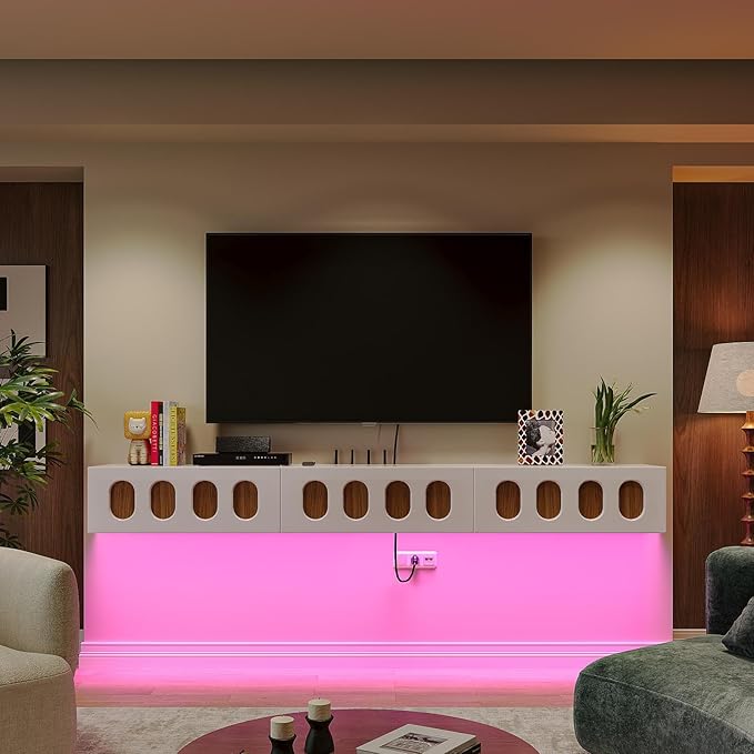 Floaticase Floating TV Stand, 86IN Fully Assembled High Gloss Wall Mounted Entertainment Center with Flip-Down Doors & Drawers, TV Console Under TV Shelf for Bedroom Livingroom