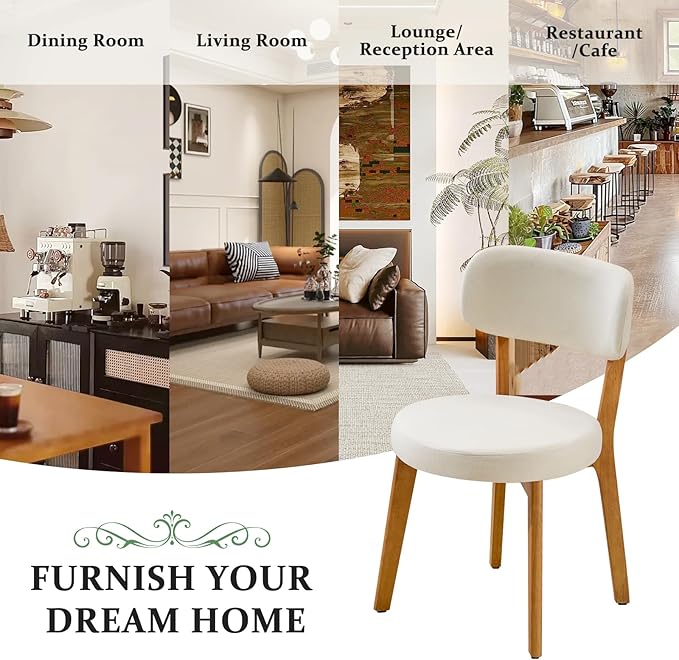 Furniliving Wooden Dining Chairs Set of 6, Mid-Century Modern Linen Upholstered Kitchen Chair with Solid Oak Wood, Farmhouse Dining Room Chairs, Beige