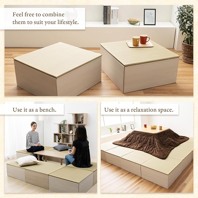 BJDesign Square Tatami Bench and Raised Platform Unit | Japanese Style Igusa Rush Grass Top | Wood Grain White, 24x24x11.6in | Easy Assembly, Durable | 2 Set