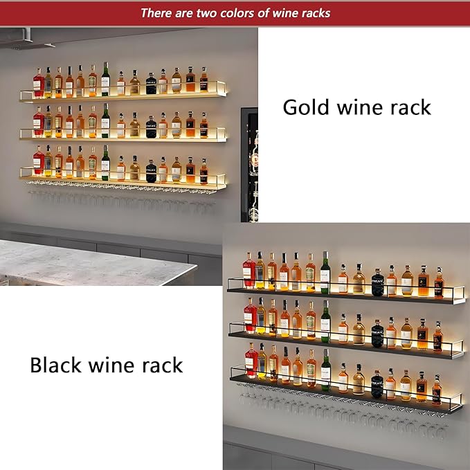 Wall-Mounted Metal Wine Rack with LED Lights 3-Tier Floating Bar Shelves with Wine Glass Rack Large Wine Bottle Display Rack Hanging Shelf, for Home Bar Dining Room Decorative (Black, 100cm/39.3in)