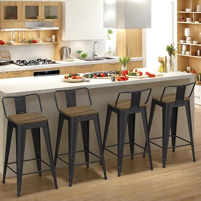 Black Bar Stools Set of 4, Metal Bar Stools with Wooden Seat, Modern 26”Counter Height Barstools with Low Back