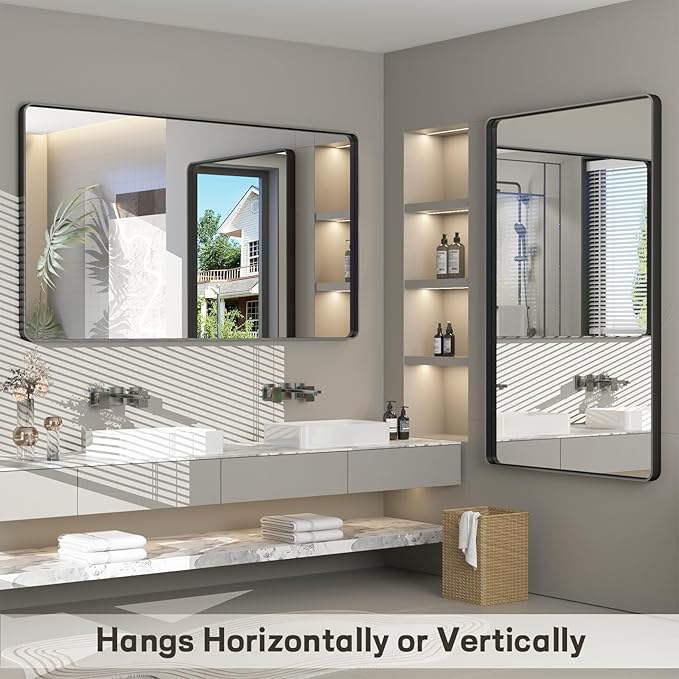 40x36 Inch Black Framed Bathroom Mirror for Wall, Black Metal Framed Mirror, Rounded Rectangle Bathroom Vanity Mirror, Anti-Rust, Shatterproof (Horizontal/Vertical)