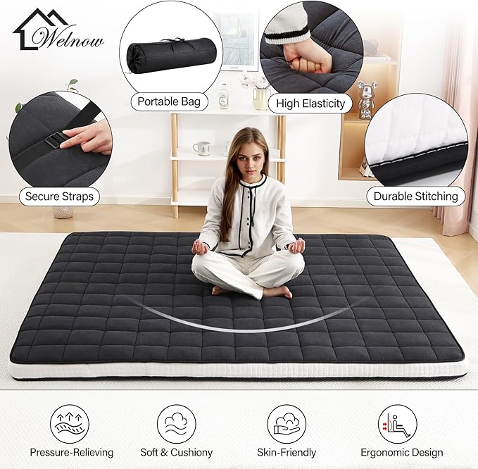 Welnow Japanese Futon Floor Mattress, Queen Size Thick Tatami Mat Portable & Foldable Roll Up Floor Bed Mattress with Storage Bag, Sleeping Pad for Adults, Dorm, Guest Bed, Camping and Travel, Black