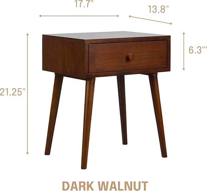 NTC Lux Solid Wood Nightstand with Drawer, Mid Century Modern Side Table Bedroom, Bedside Furniture, Night Stand, End Table, Easy Assembly - Dark Walnut