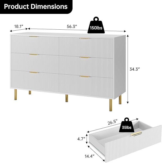 GarveeHome White Dresser, Modern 6 Drawer Dresser for Bedroom with Gold Handle and Large Drawer, Wood Double Chest of Drawers and Storage Organizer for Living Room, Hallway, Entryway