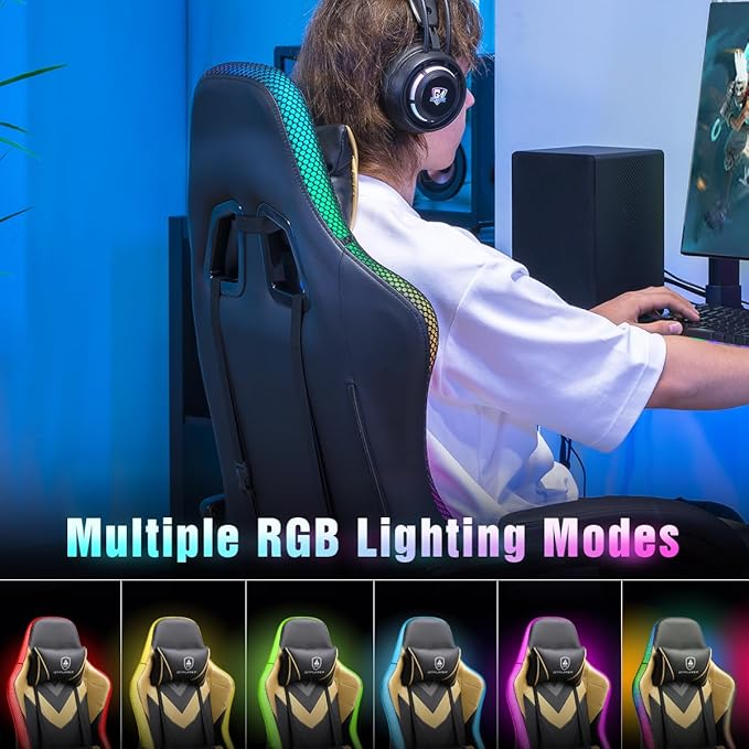 GTPLAYER Gaming Chair, RGB Gaming Chairs with LED Lights, Video Gaming Chair for Adults, Ergonomic Computer Gaming Chair with Linkage Armrest, Reclining Chair with Headrest (with Massage, Yellow)