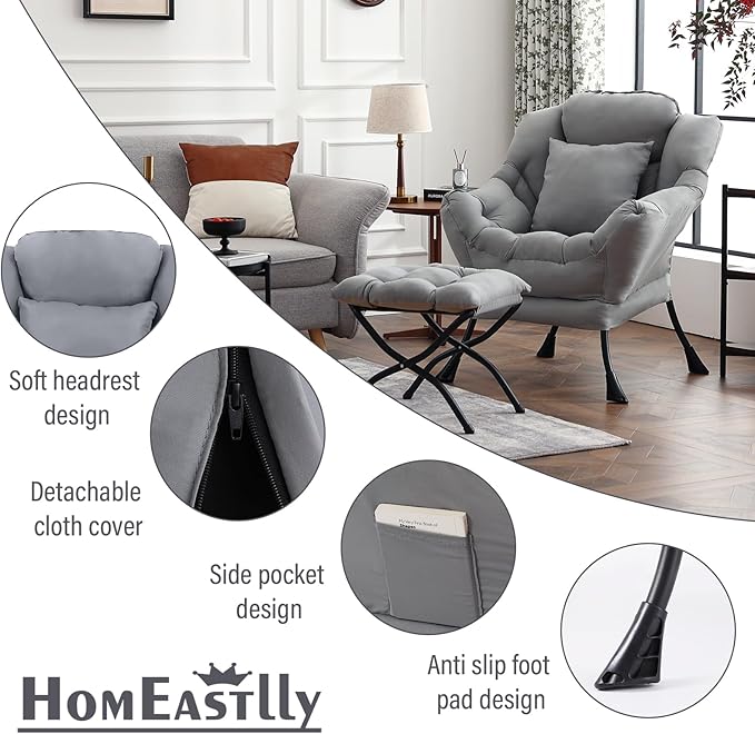 Lazy Chair with Ottoman, Modern Large Accent Lounge Chair with a Pillow, Leisure Sofa Armchair with Ottoman, Reading Chair with Footrest for Bedroom, Living Room, Dorm Room,Peach Light Gray