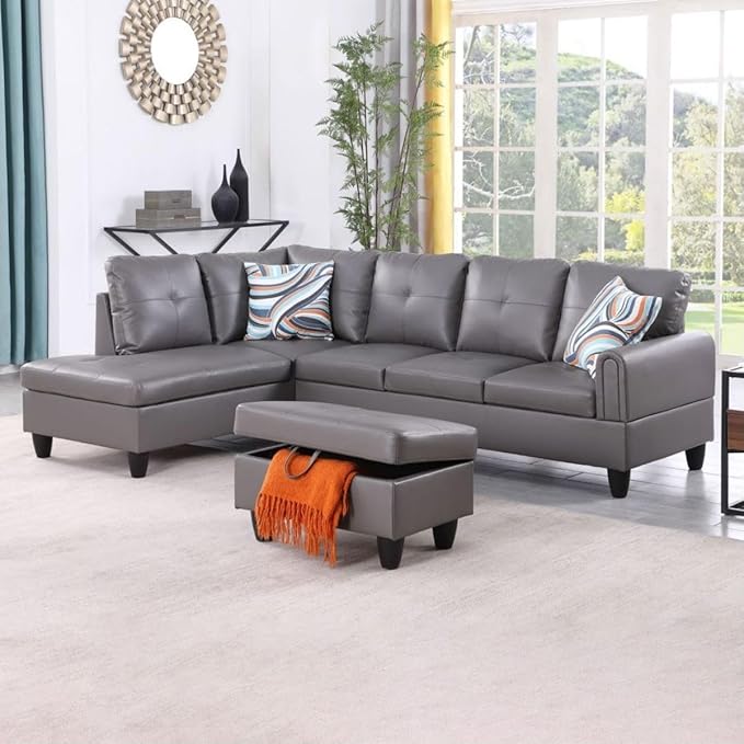 Dark Grey L-Shaped 3-Piece Faux Leather Sofa with Storage Ottoman Set, Sectional Couch Sofa Set for Living Room, Office, Small Space