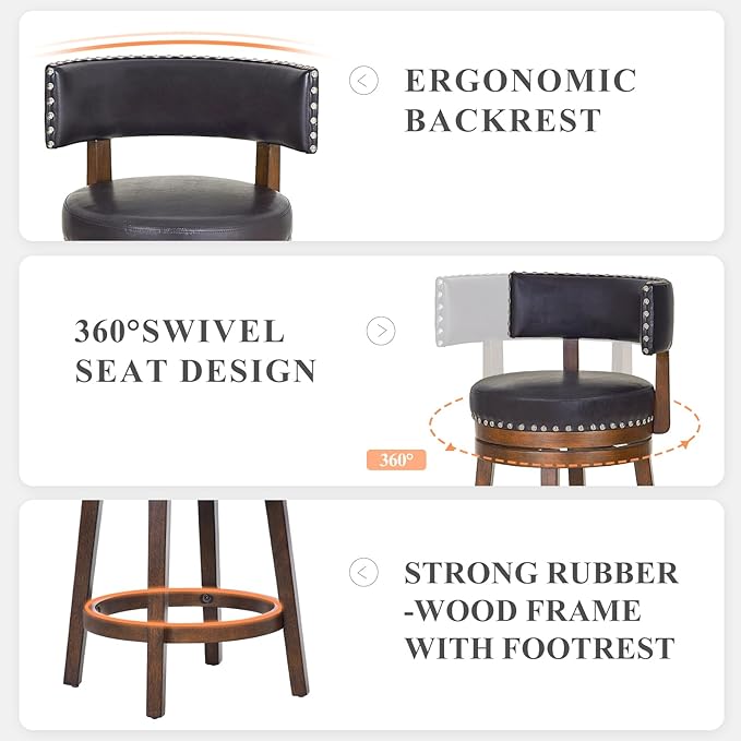 COLAMY Swivel Bar Stools Set of 4, 25 Inch Wood Swivel Barstools with Back, Counter Height Bar Stools, Modern Upholstered Barstools for Kitchen Island Dining Room Bar, Dark Brown