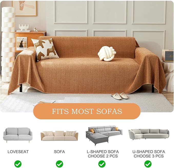 STACYPIK Orange Sofa Cover, Modern Chenille Couch Cover for Dogs, Furniture Protector for 2 Cushion Couch Multi-Use Couch Cover for Sectional Pet-Friendly, Non-Slip Loveseat Cover with Tassel-71X118IN