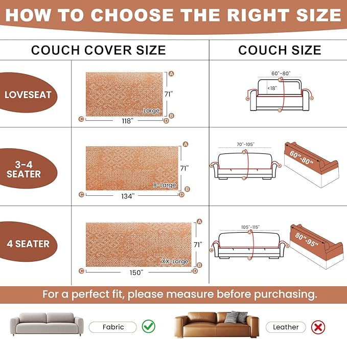 STACYPIK Boho Sofa Cover for Pets, Orange Geometric Couch Cover for 3 Cushion Sofa, Washable Dogs Protector for Living Room, Anti-Slip Sectional Covers for Loveseat with Tassel Throw Blanket-71X150IN