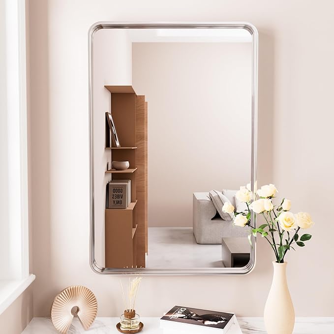 22x30 Inch Brushed Nickel Bathroom Mirror, Thick Silver Metal Rectangle Frame Wall Mirror, Modern Round Corner Bathroom Vanity Mirror for Over Sink, Bedroom, Living Room, Entryway