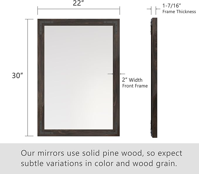 VocalStar Black Wood Framed Mirror 22 x 30 Inch, Rustic Natural Black Wooden Rectangle Bathroom Vanity Wall Mirror for Farmhouse Boho Decor, 1/4-inch Shatterproof Glass | Waterproof
