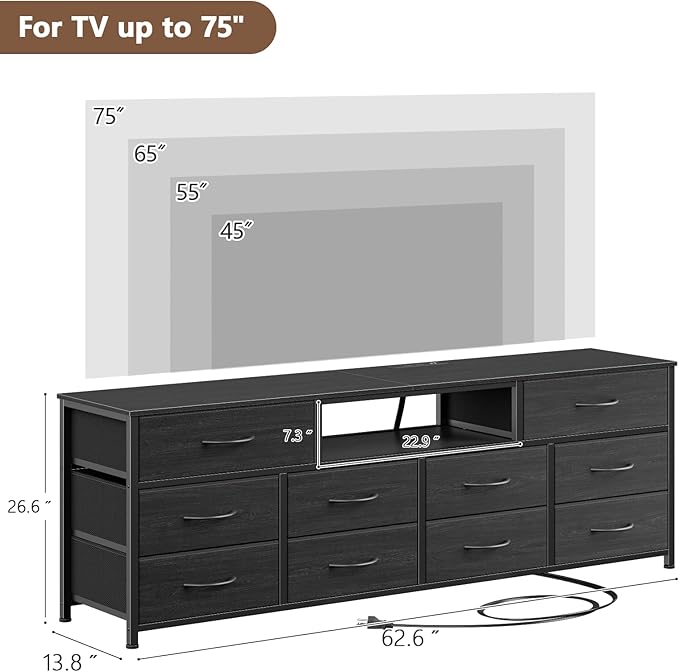 Furnulem 63” Long Dresser for Bedroom, TV Stand for 65 to 75 inch TV, Black Dresser with 10 Fabric Drawers, Chest of Drawer for Closet, Entertainment Center with Power Outlet & LED Light