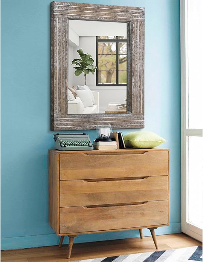 Wall Mirror Rustic Wooden Frame Rectangle Mirror Vintage Hanging Mirror for Bedroom Bathroom Living Room Farmhouse Wall Decor Large 26" x 18"