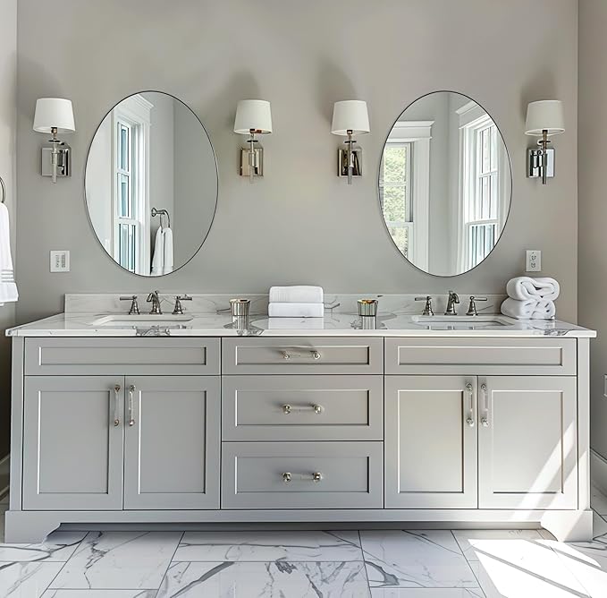 ANDY STAR Chrome Bathroom Mirror, 24x32 Inch Polished Chrome Oval Wall Mirror for Bathroom, Modern Chrome Wall Mirror Pill Shaped Stainless Steel Metal Mirror