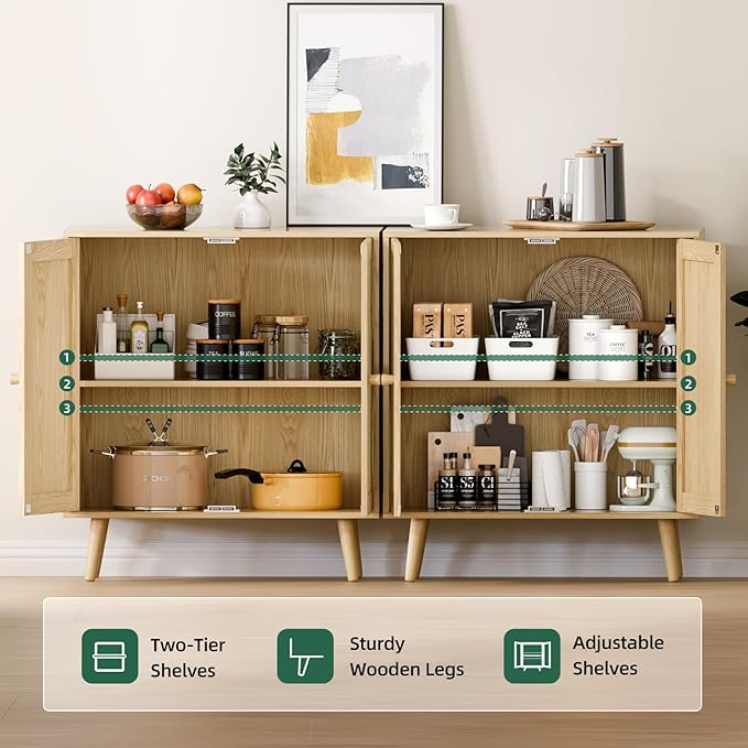 Set of 2 Rattan Sideboard Buffet Cabinets, Stylish Accent Cabinets with Adjustable Shelves & Doors, Ideal for Kitchen & Entryway Storage, Wood Oak