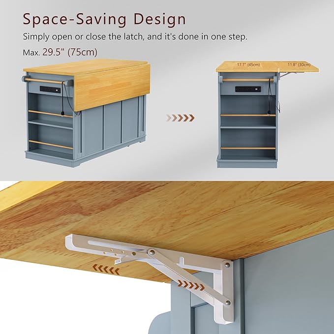 YOTPO 53" Large Kitchen Island with Drop Leaf,Power Outlet & Door Internal Storage Rack,Rolling Kitchen Cart on 5 Wheels W/ 5 Open Side Racks for Kitchen,Dining Room,Grey Blue(Not Include bar stools)