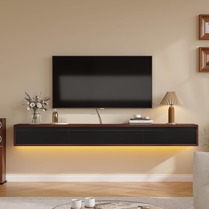 Floating TV Stand Matte Finish, 55'' Wall-Mounted TV Cabinet,Floating TV Console,Under TV Shelf with 3 Doors for Living Room Bedroom(Walnut+Black)