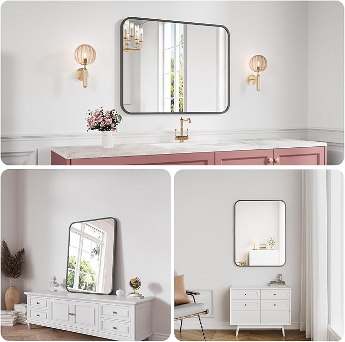 Bathroom Mirror, 28X36 Inch Black Metal Framed Mirror for Bathroom, Tempered Glass, Anti-Rust, Rounded Rectangle Mirror for Restroom, Bedroom, Black