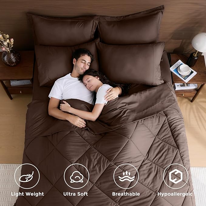 HEVUMYI Brown Full Comforter Set - 7-Piece All Season Bed in a Bag Full, Ultra Soft Bedding Set with Comforter, Flat Sheet, Fitted Sheet, Pillowcases, Pillow Shams