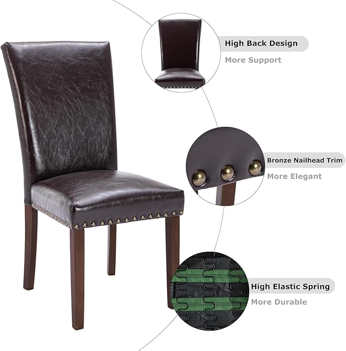 COLAMY Upholstered Parsons Dining Chairs Set of 6, PU Leather Dining Room Kitchen Side Chair with Nailhead Trim and Wood Legs - Dark Brown